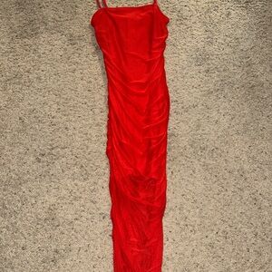 Red Ruched Spaghetti Strap Maxi Dress